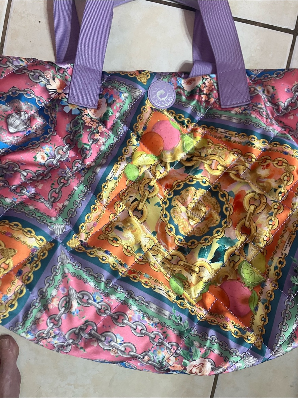 Kurt Geiger Lavender Trim Multicolor Quilted Chain-Print Tote - Picture 3 of 12